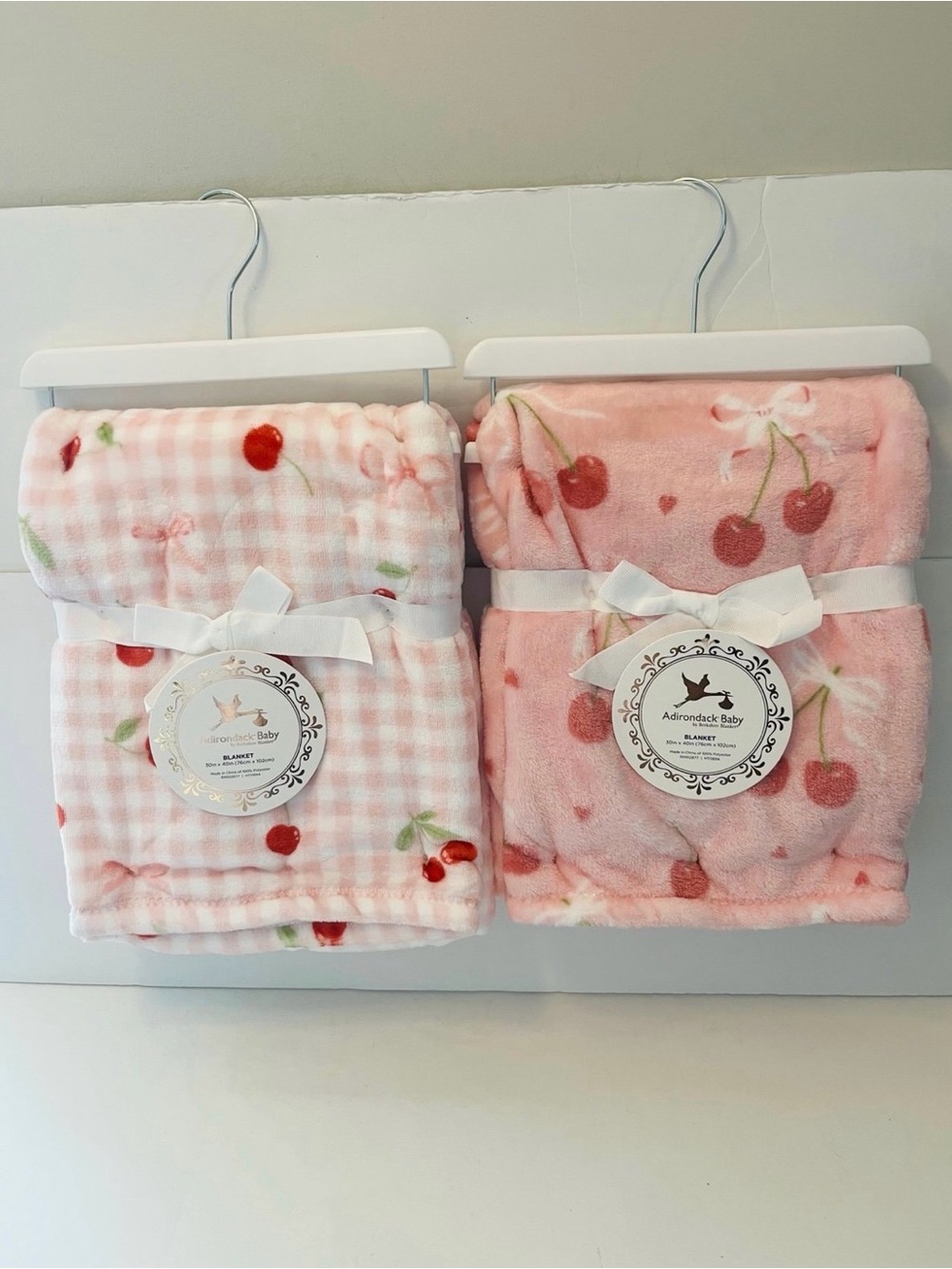 Adirondack Baby by Berkshire Lot of 2 Baby Blankets Pink White Checker Cherries